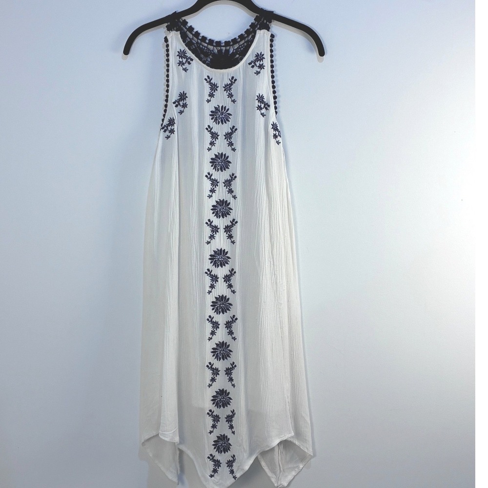 Ivory Halter Dress Cotton Blend Handkerchief Hem Navy Crochet Detail Small